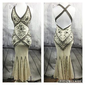 NITELINE Cream Silk Beaded Bias Cut Evening Gown 4